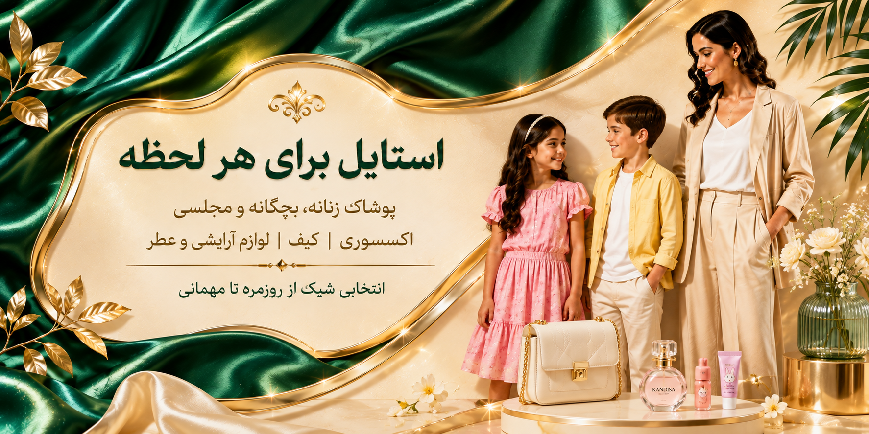 برای بنر اولی که **استایل برای هر لحظه** داشت:  `بنر فروشگاه کندیسا با پوشاک زنانه و بچگانه، کیف، عطر و لوازم آرایشی فانتزی در تم لوکس سبز زمردی، کرم و طلایی`